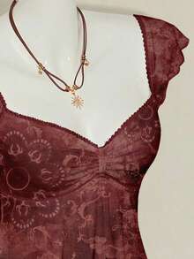 SHEIN ICON 女士波西米亚风酒红色花卉褶皱前片修身系带无袖吊带背心 - 优雅荷叶边度假夜店装，适合春夏海滩度假、Y2K、情人节、辣妹风等多种场合。 - 彩色 - 查看 4