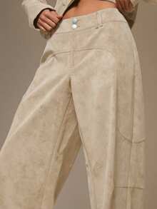 MUSERA Suedette Seam Detail Wide Jean Trousers Cool Girl Streetstyle Cute Fall Autumn Casual Summer - Cream - View 6