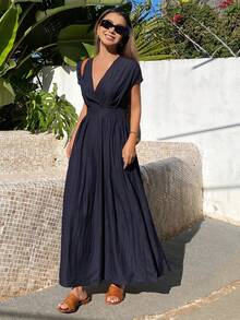 Livesso Women's V-Neck Waist Cinched Mid-Length Dress, Short Sleeve Vacation