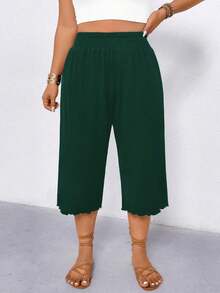 Linhara Plus Size Women Casual Ruffle Hem Wide Leg Capri Pants