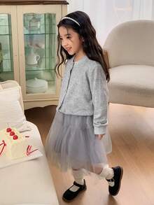 DAZY Young Girl Fashion Party Ladylike Button-Front Cardigan And Mesh Skirt Set, Suitable For Birthday Party - Light Grey - View 6