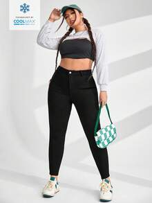 SHEIN ICON 大码休闲纯色修身牛仔裤 - 黑色 - 查看 4