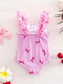 SHEIN Newborn Baby Girl Swimsuit With Bow And Striped Print, One-Piece
