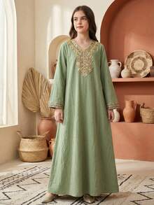 SHEIN رمضان جلابيه   Tween Girls' Casual Round Neck Short Sleeve Dress  الملابس التقليدية العربية - Green - View 11