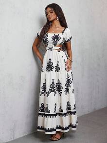 Casual - Vacation Casual Off The Shoulder Bow Back Dress - Apricot - View 3