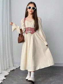 SHEIN Serisse Kids Nova Glow 少女撞色拼接腰部褶皱胸部可调节肩带前褶皱长袖方领中长连衣裙，适合居家和户外活动，秋冬季节，波西米亚风格 - 粉色 - 查看 4