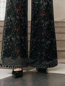 Quần jeans nữ cạp cao, thêu họa tiết khoét lỗ, dáng rộng, thời trang cho mùa xuân/thu, lễ hội và sinh nhật. - màu đen - Xem 6