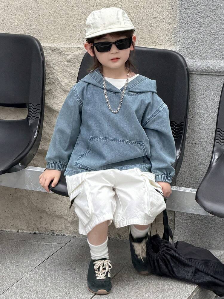 Young Boys' Plain Simple Hooded Long Sleeve Denim Jacket Spring