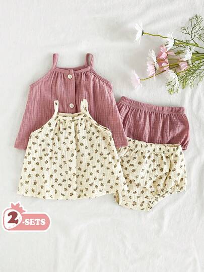 Vintaside Kids Conjunto de 2 piezas de camiseta de tirantes y shorts triangulares de unicolor rosa y albaricoque, y estampado floral pequeño, para recién nacidos, adecuado para uso casual y fotografía