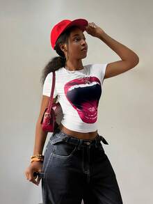 StreetHx 女士夏季短款T恤，朋克Y2K嘴唇/嘴巴印花，露脐短袖白色婴儿T恤 - 白色 - 查看 4