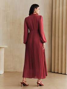 Anewsta Women's Elegant Frill Trim Long Pleated Dress - Red - View 2