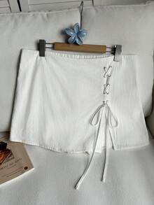 Comfortcana Quần short cỡ lớn, chất liệu cotton lanh, kiểu dáng thường ngày và mặc nhà, có dây rút trang trí và khóa kéo. - trắng - Xem 3
