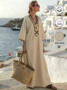 EMERY ROSE Women's Loose V-Neck Linen Casual Vacation Pocket Robe - Khaki - View 2