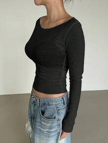 DAZY Women's Autumn New Off-Shoulder Fitted T-Shirt Long Sleeve Spring - Black - View 4