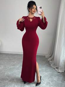 Modelyn Đầm dài tay xếp ly ôm dáng, màu trơn, phối ren, dành cho nữ. - Màu Đỏ Sâu - Xem 4