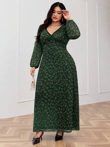 Modelyn Đầm maxi dáng rộng thanh lịch dành cho nữ cỡ lớn, họa tiết hoa nhí, cổ chữ V, tay phồng, phối ren, thắt eo, thích hợp cho mùa xuân và mùa thu. - Màu xanh lá cây đậm - Xem 3