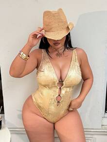 Swim SXY Plus Size Women's Gold Foil Decor Spaghetti Strap Underwire One-Piece Swimsuit - Gold - View 5