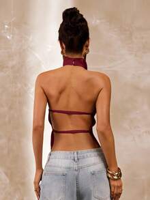 SHEIN BAE Apricot Color Backless Draped Neck Women's Tank Top, Sexy & Elegant Camisole For Spring/Summer - Burgundy - View 2