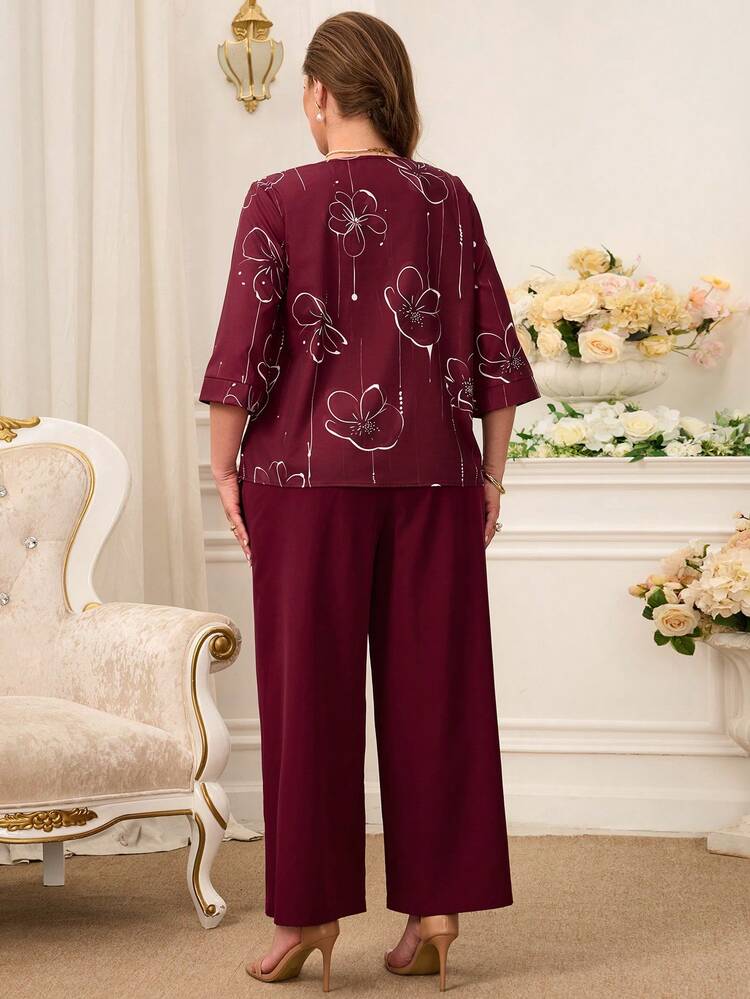 Plus Size Women Floral Print Round Neck 3/4 Sleeve Top And Wide Leg Pants Elegant 2 Piece Set For Summer/ Vacation Plus Size Pants Set Plus Size Pant Suit Blouse And Pants Set Women Plus Clothing Sets