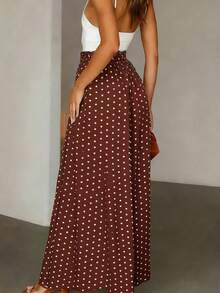 SHEIN Holidaya 女士法式优雅复古焦糖棕色波点阔腿裤，轻松打造夏季办公室休闲造型，高腰抽绳设计，修身显瘦，雪纺垂坠质感尽显休闲优雅。 - 棕色 - 查看 3