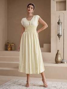Al Najma Đầm ngắn tay kiểu Ả Rập màu trơn đính sequin dành cho nữ - Màu vàng - Xem 8