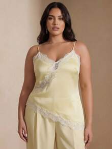 SHEIN BAE Regata Assimétrica Sexy de Cetim com Babados e Recortes de Renda para Mulheres Plus Size, Dia dos Namorados para Mulheres - Amarelo - Visão 4