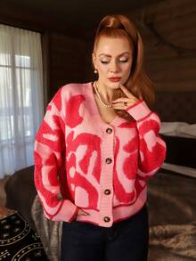 Gretanique Casaco Raglan de Padrão de Colorblock Casual, Adequado para Outono/Inverno, Feriados, Ano Novo, Dia dos Namorados - Rosa chiclete - Visão 5