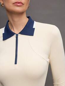 Activina Yellow Knitted Fabric Slim Fit Long Sleeve Stand Collar Equestrian Top For Women - Yellow - View 6