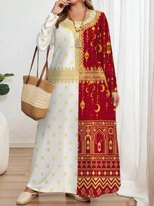 EMERY ROSE Đầm dài tay dáng rộng cỡ lớn dành cho nữ, màu đỏ và vàng phối họa tiết hoa tương phản, phong cách vintage thường ngày. - Đỏ - Xem 5