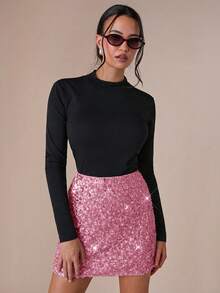 COSMINA Chân váy ôm sát eo cao màu trơn đính sequin dành cho nữ, chân váy sequin màu hồng, thích hợp cho ngày Valentine, tiệc tùng, chân váy đính đá. - Hồng - Xem 4