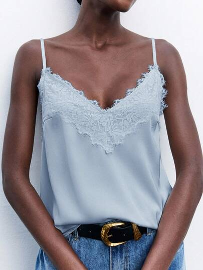 Maija Women's Lace Patchwork V-Neck Adjustable Spaghetti Strap Loose Tank Top, Elegant, Romantic, Fashionable, Comfortable, Suitable For Vacation, Business, Casual, Western Style, Lace Trim Top Baby Blue Top Women Light Blue Top Cami Tops Modern Urban Casual Fashion Business Casual Women's Office Wear Low-Key Old Money Style Effortless Temperament High-End Urban Commuting High-Quality Airport Women's Wear High-End Material