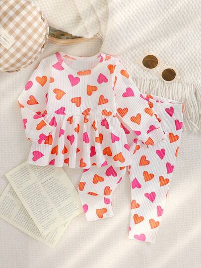 SHEIN Baby Girls' Cute Heart Print Soft Comfortable Round Neck Long Sleeve Top And Pants 2 Pieces Set, Autumn