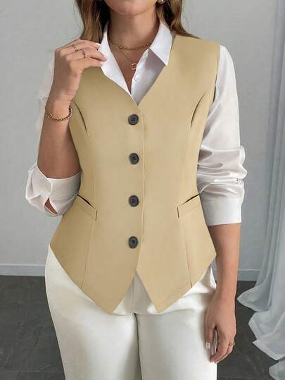 Elenzga Plus Size Women's Single-Breasted Sleeveless Vest, Elegant Black Waist Cinched Blazer Vest, Stylish For Work, Party, Casual Business Wear Brown Blazer Women Women Vest Plaid Plaid Print Front Button Closure Elegant Long Sleeve Blazer Plaid Blazerblazer Oversize Fall Cloth For Women Work Wear Women Business Professional Women Work Outfits For Women Office Wear Women