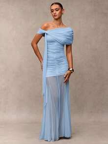 SHEIN BAE Women's Solid Color Pleated Asymmetric Shoulder Ruffle Elegant Dress - Baby Blue - View 4