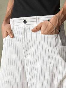 SWAVVY 男士标准尺码时尚条纹斜插口袋休闲筒裤 - 白色 - 查看 6
