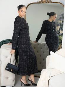 Melissa Matos 2 件格子短款夹克和裙子，休闲秋季套装 - 黑色 - 查看 3