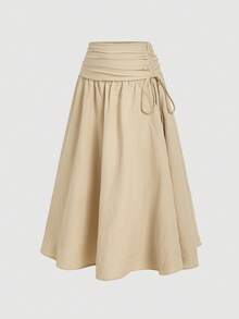 SHEIN MOD 女士复古英伦风卡其色蝴蝶结中长裙，情人节，女士情人节服装，狂欢节，70年代，复古，休闲裙，抽绳裙，卡其色裙子 - 卡其色 - 查看 4