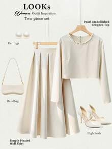 Franclia Plus Size Women's New Fashionable Elegant Versatile Round Neck Bubble Pearl Beige Long Sleeve Top And High Waist Skirt Set, Spring/Autumn Women's 2-Piece Set, Autumn Women's Set, Elegant Women's Set, Women's Skirt Set, Maija 2025 Autumn/Winter Women's Wear, Maija Autumn/Winter Women's Wear, Women's 2-Piece Set, Elegant Women's Outfit Modest Two Piece Set Cream Two Piece Set White Skirt And Top Set 2 Piece Casual Sets Woman Two Piece Set Women Dress - Apricot - View 1
