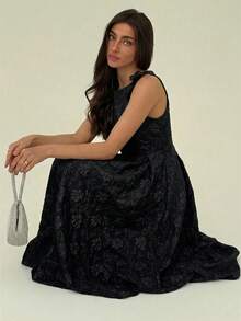 Aloruh Đầm dài nữ kiểu dáng thanh lịch, thắt eo, trang trí nơ jacquard, thích hợp cho các buổi hẹn hò và tiệc tùng. - màu đen - Xem 6