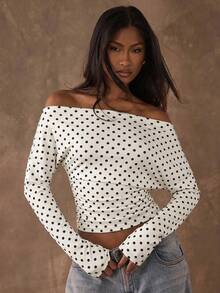 SHEIN BAE Dam vintage elegant T-shirt med prickigt mönster, asymmetrisk hals, lång ärm, rynkad figursydd topp, off-shoulder, lämplig för vår och höst - Vitt - Visa 3
