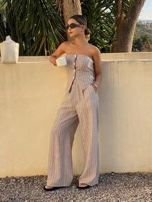 Livesso 春夏宽松度假休闲纹理深色底细条纹短款开衫和直筒裤两件套女装 - 棕色 - 查看 2