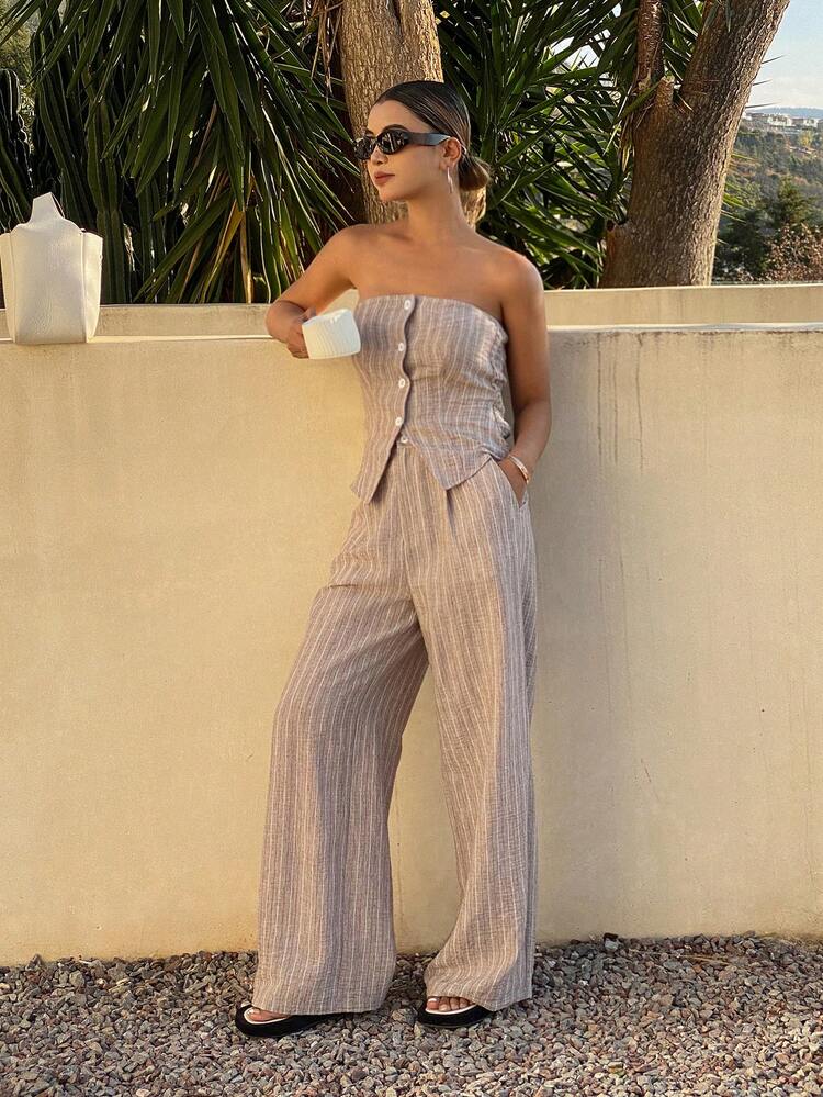 Women's Contrast Stripe Print Front Button Camisole Top And Wide Leg Pants 2 Pieces Set