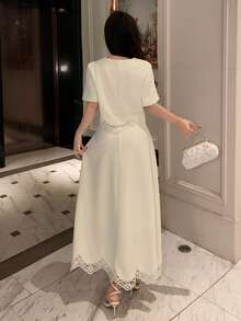 DAZY 女士优雅蕾丝拼接衬衫和半裙两件套，夏季 - 米色 - 查看 2