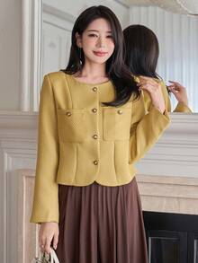 DAZY Women's Elegant Plain Texture Round Neck Pocket Regular Jacket, Spring - Yellow - View 1