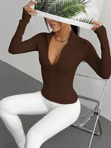 DAZY Women's Slim Fit Waist Drawstring Casual Sports Jacket - Coffee Brown - View 5