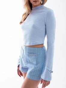 OverBlushhh Women's Soft Long-Sleeve Mock-Neck Eyelet-Detail Crop Everyday Cosy Top Everyday Wear Winter Spring Season - Baby Blue - View 1