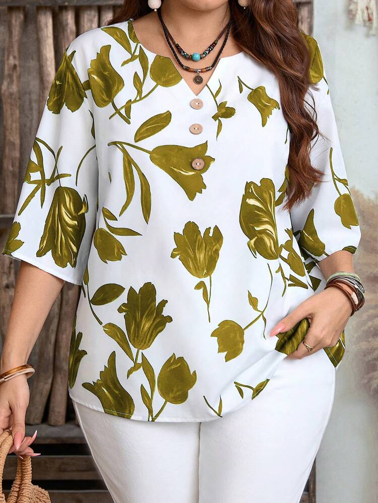 Plus Size Women Floral Print Notched Neck Casual Blouse, Early Spring/Valentine's Day, Spring Break, Vacation,Holiday,Spring,Going Out,2026 New,Simple And Fashionable For Everyday Wear,Casual Elegant Party Everyday, Plus Size Summer Shirt