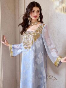 Al Najma Women's Elegant Round Neck Long Sleeve Arabic Style Dress - Dusty Blue - View 7