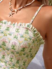 Swim Vcay Damen Einteiler Badeanzug mit Blume Muster und Rüschen, Träger-Ausschnitt, Sommer - Verschiedenfarbig - Übersicht 7