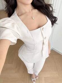 Modelyn New Stylish Square Collar Cinched Waist A-Line Peplum Elegant Blouse - Apricot - View 4
